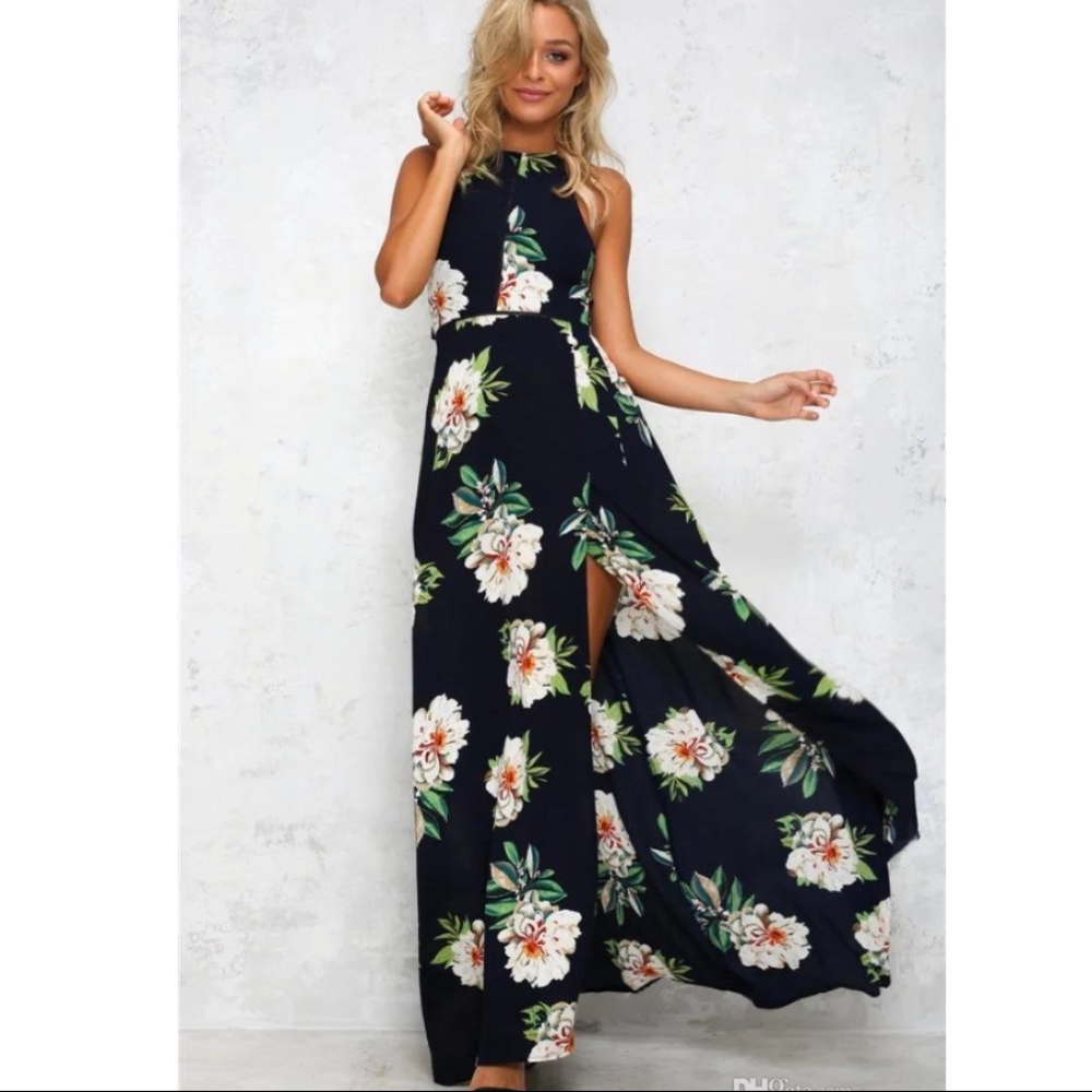 Black Floral Halter Maxi Beach Dress - Picture 4 of 5